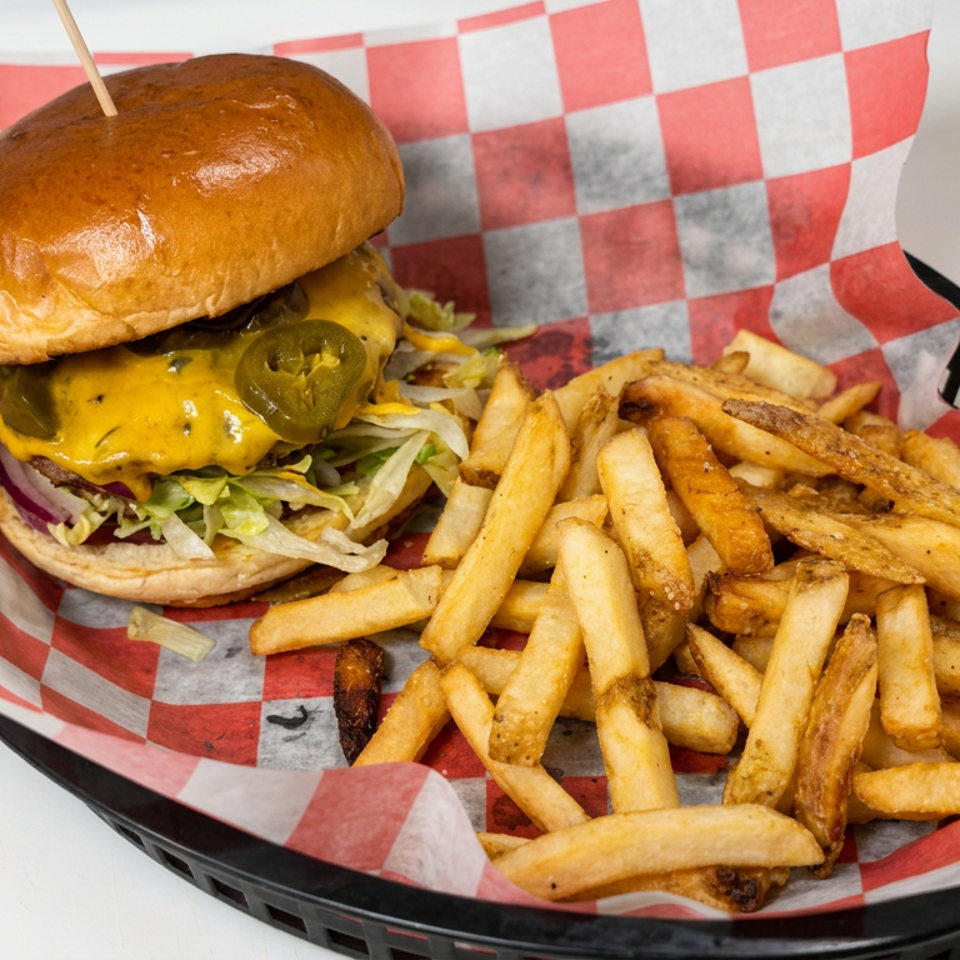 Cheeseburger topped with jalapeños, lettuce, and tomato served with golden fries in a black basket lined with checkered paper.