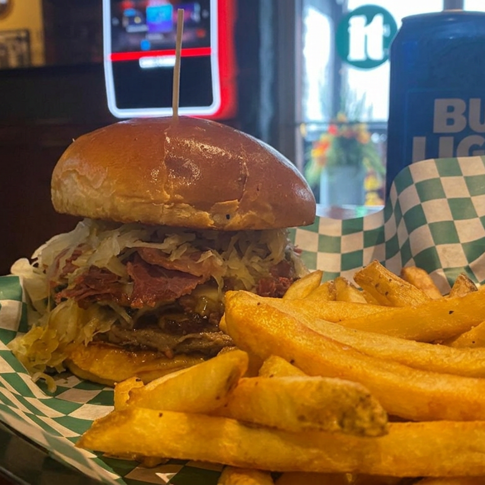 Juicy double cheeseburger topped with shredded lettuce and bacon, served with golden fries in a checkered basket at a cozy restaurant.