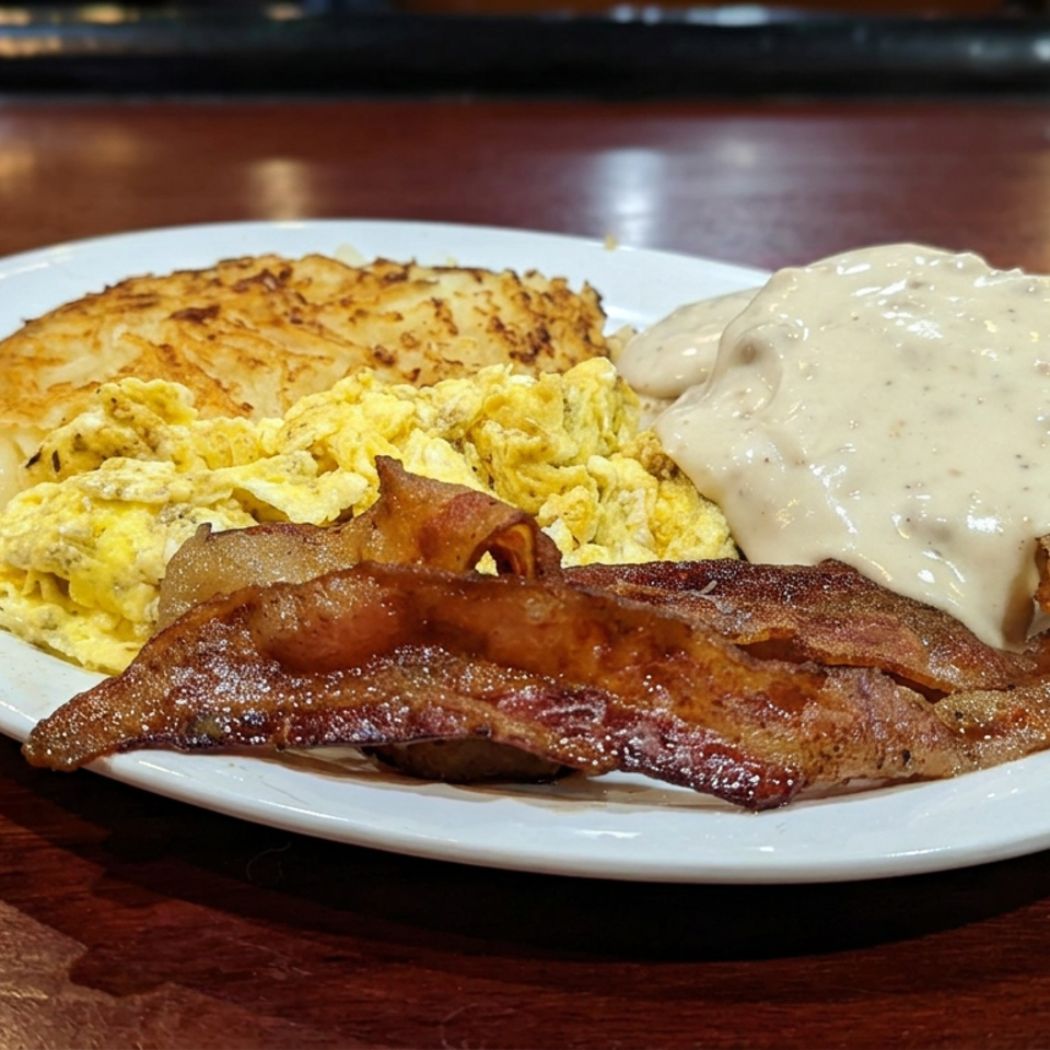 Breakfast plate with scrambled eggs, bacon, hash browns, and creamy sausage gravy on a white dish.