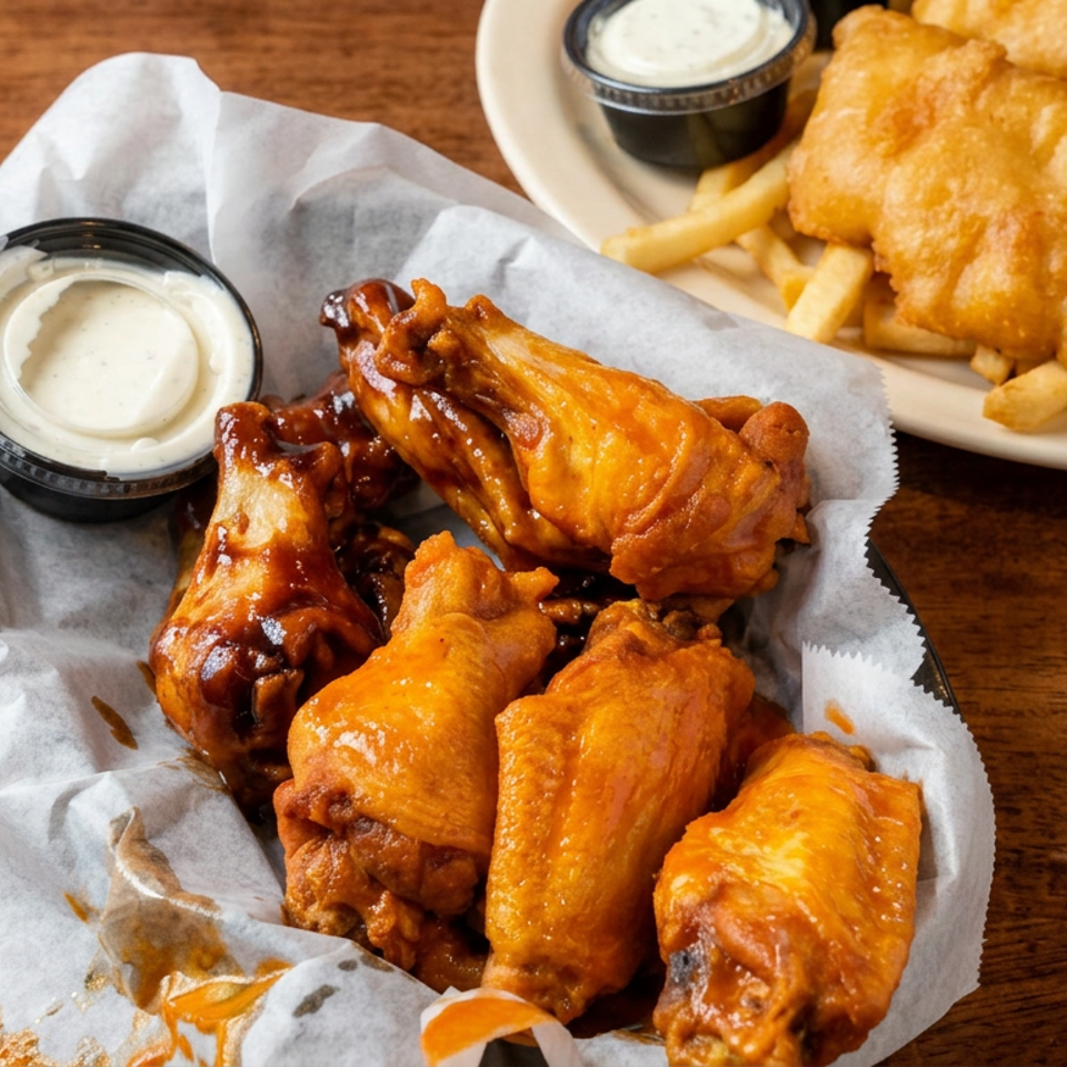 Saucy chicken wings with dipping sauce beside crispy fish and fries on plates atop a wooden table.