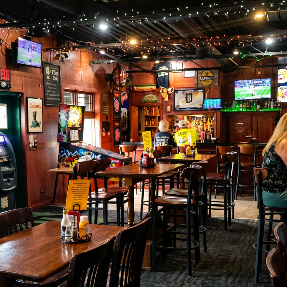 Lively sports bar interior with multiple televisions, string lights, wooden tables, gaming machines, and patrons seated at the bar.