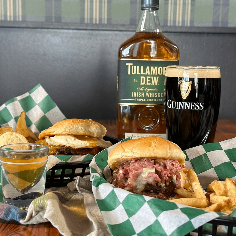 Irish pub spread with burgers, fries, Guinness stout, Tullamore D.E.W. whiskey, and a small whiskey glass on a wooden table.