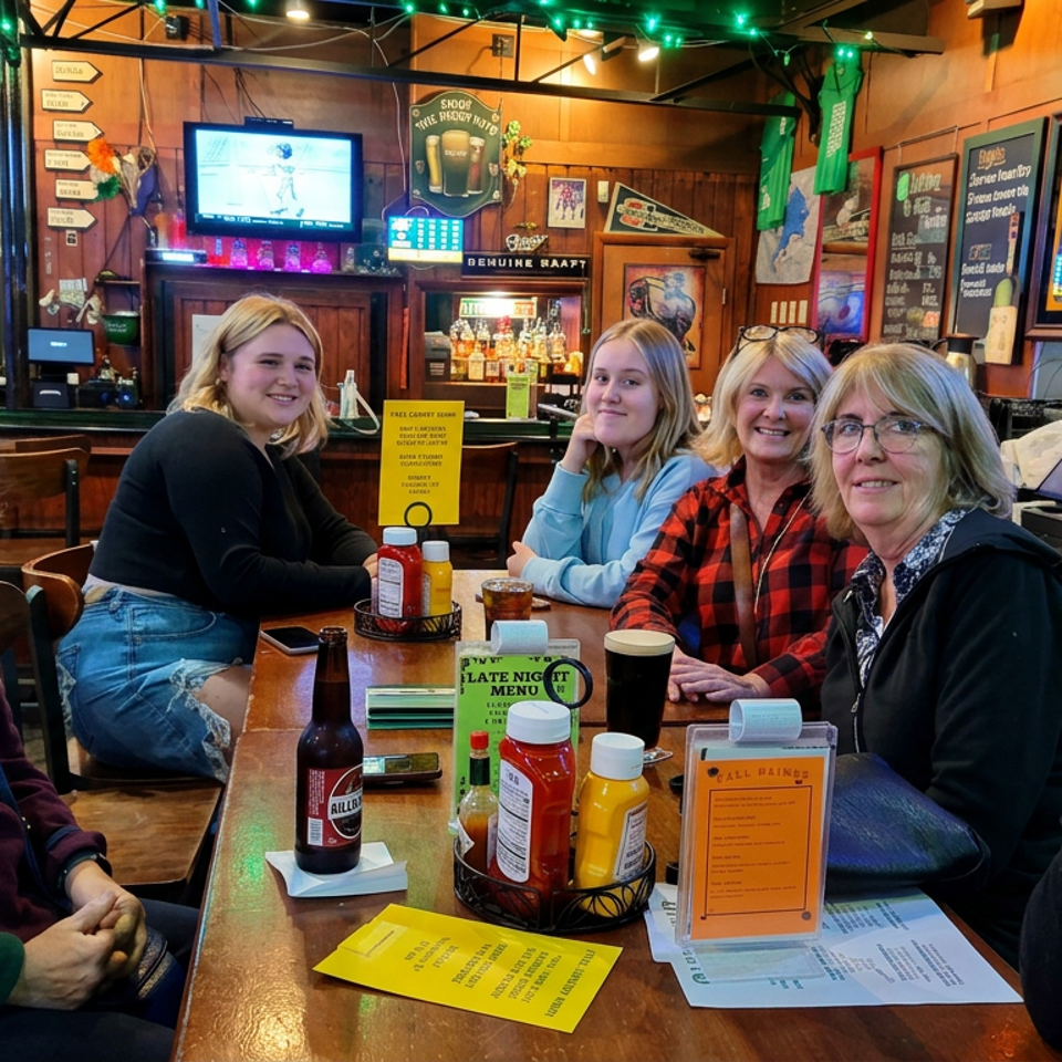 Six women smile around a restaurant table with menus, condiments, and drinks in a warmly lit pub decorated with televisions and beer signs.