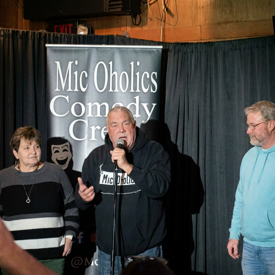 Three people stand on a comedy stage, with one speaking into a microphone beneath a Mic Oholics Comedy Crew banner.