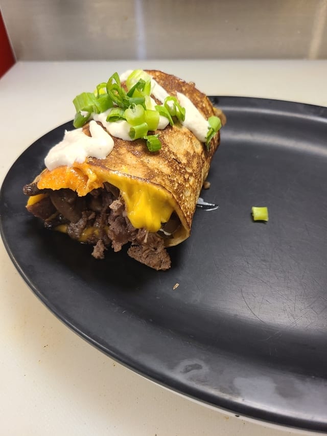 Steak Mushroom Cheese Boxty.